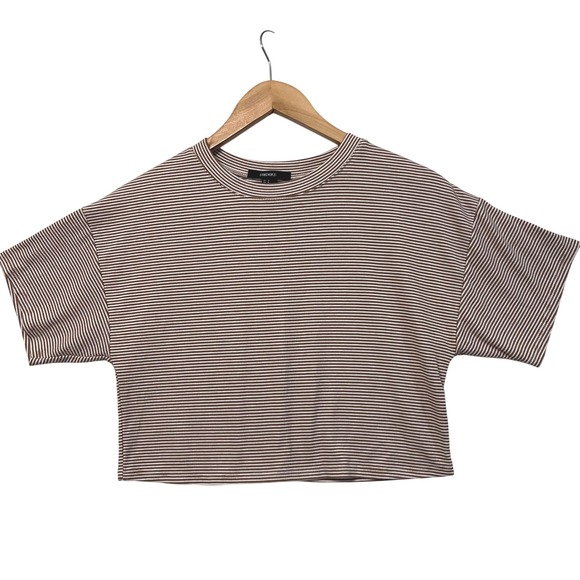 Forever 21 Brown Striped Crop Top Dolman Short Sleeve Ribbed Knit Tee Shirt S - Picture 1 of 7